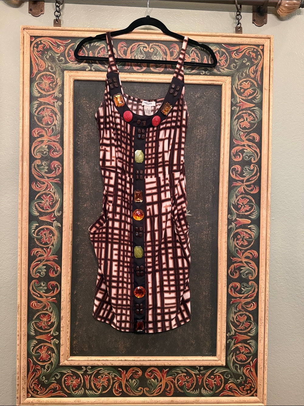 Vertigo Paris Brown and White Plaid Mini Dress with Decorative Buttons - Medium